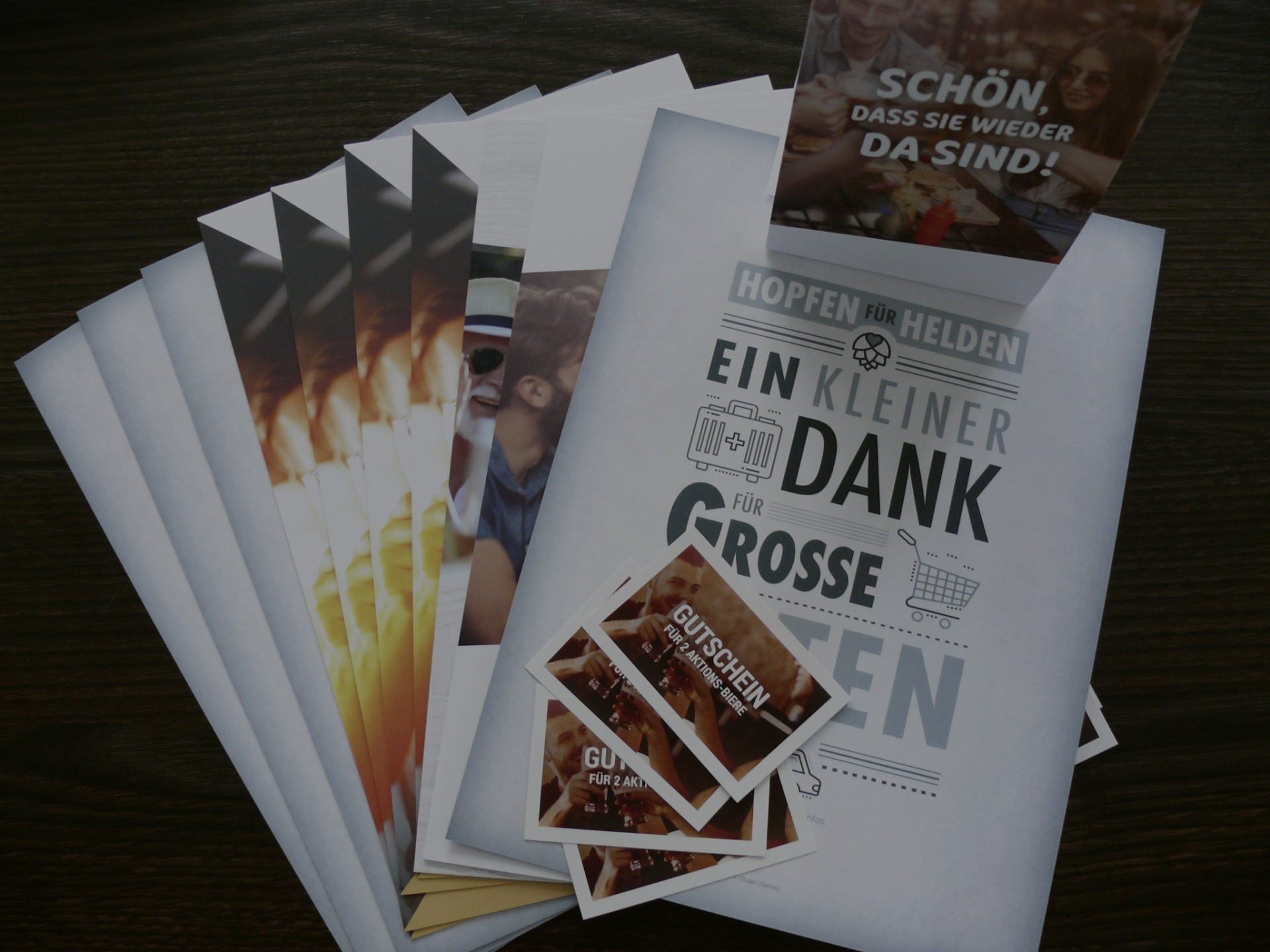 Verschiedene bedruckte Flyer sind auf einem dunklen Holztisch ausgebreitet.
