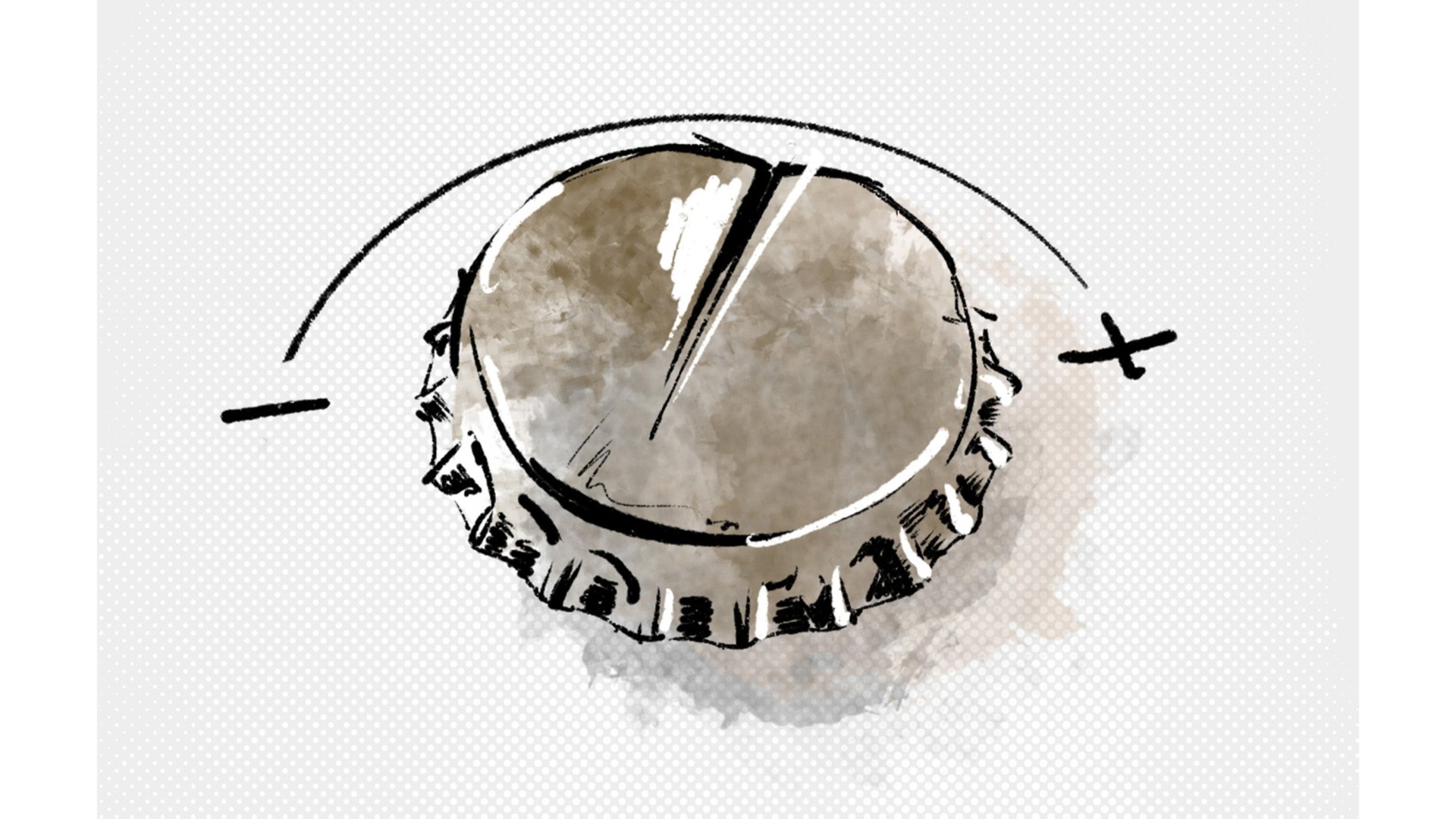 Ein Kronkorken mit einem Minuszeichen auf seiner linken Seite und einem Pluszeichen auf seiner rechten Seite.